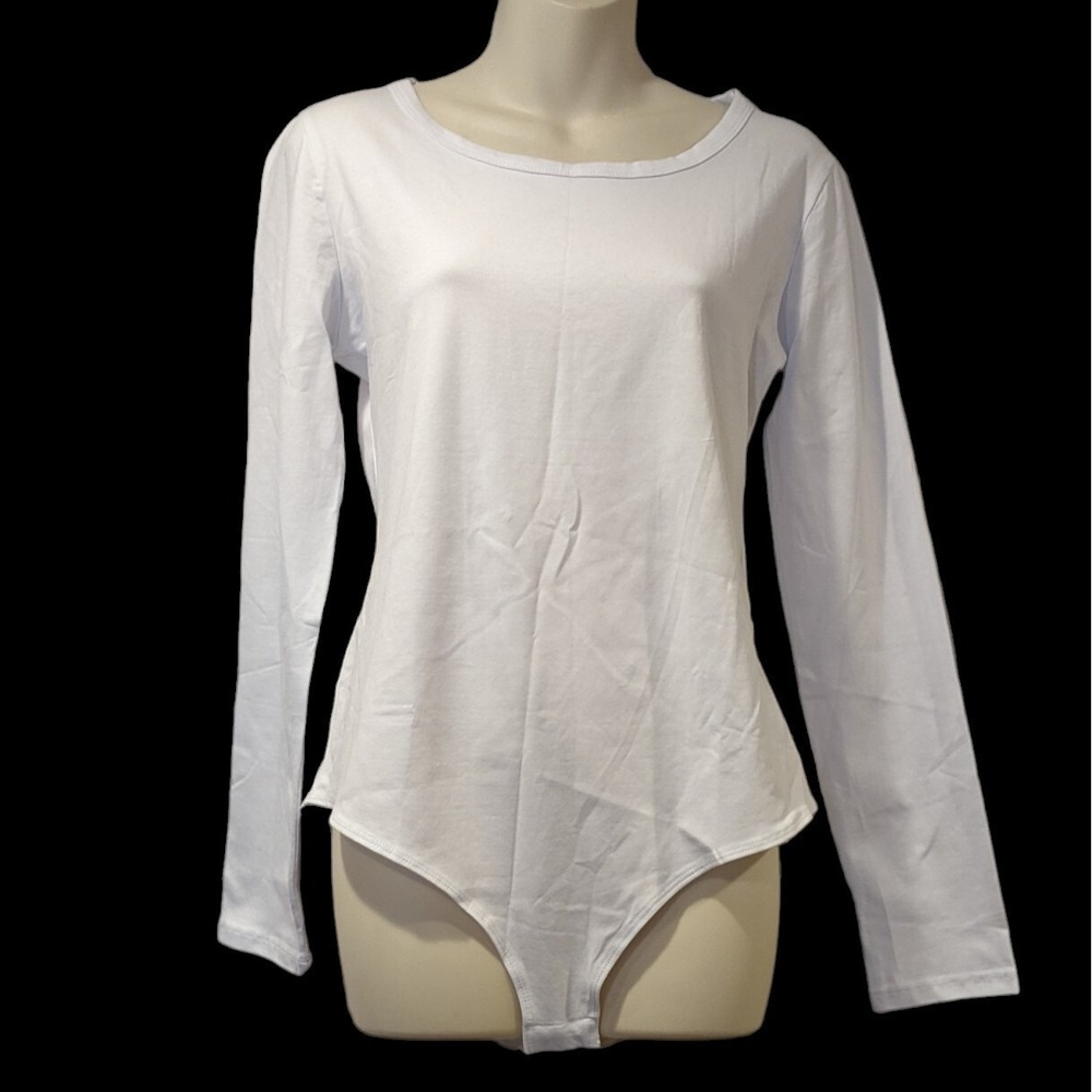 Mangdiup Bodysuit Size Large Long Sleeve‎ Women's White Snap Crotch